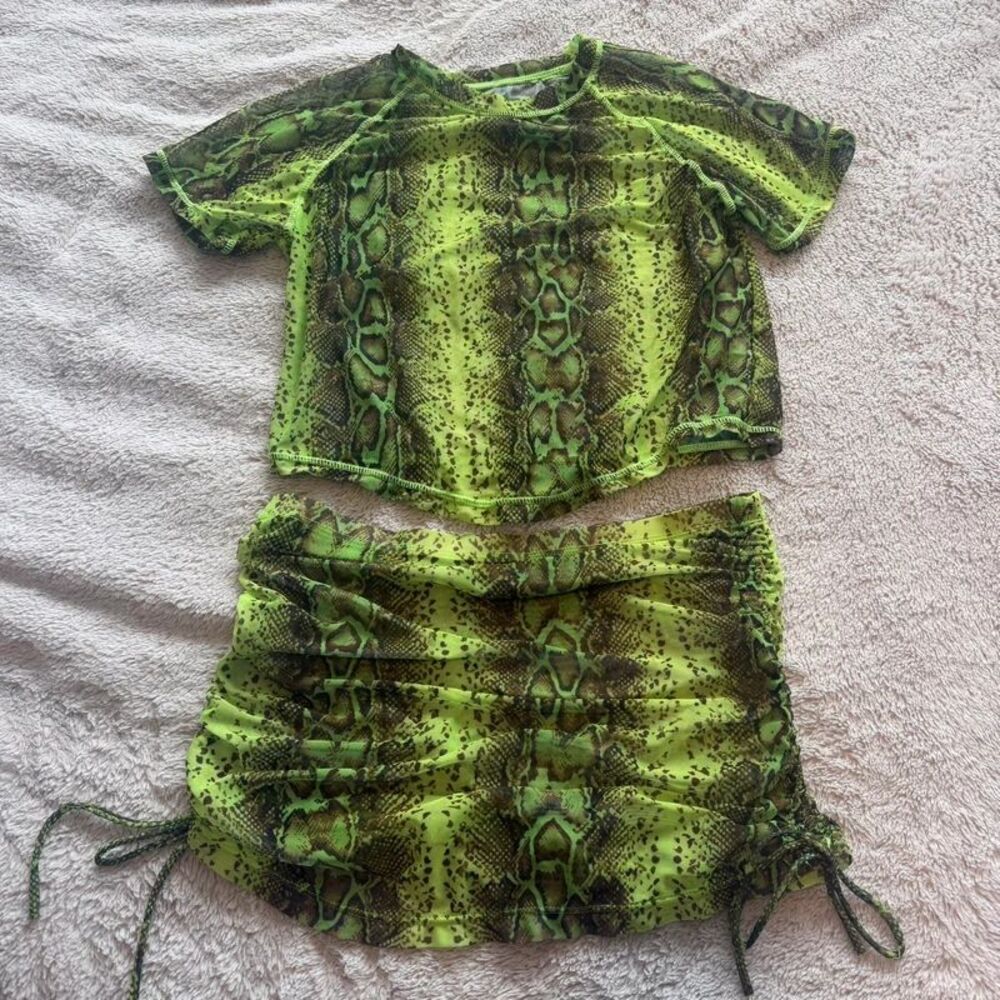 Snakeskin Bodycon Two Piece Skirt Set Size XL Swimsuit Coverup Mesh
